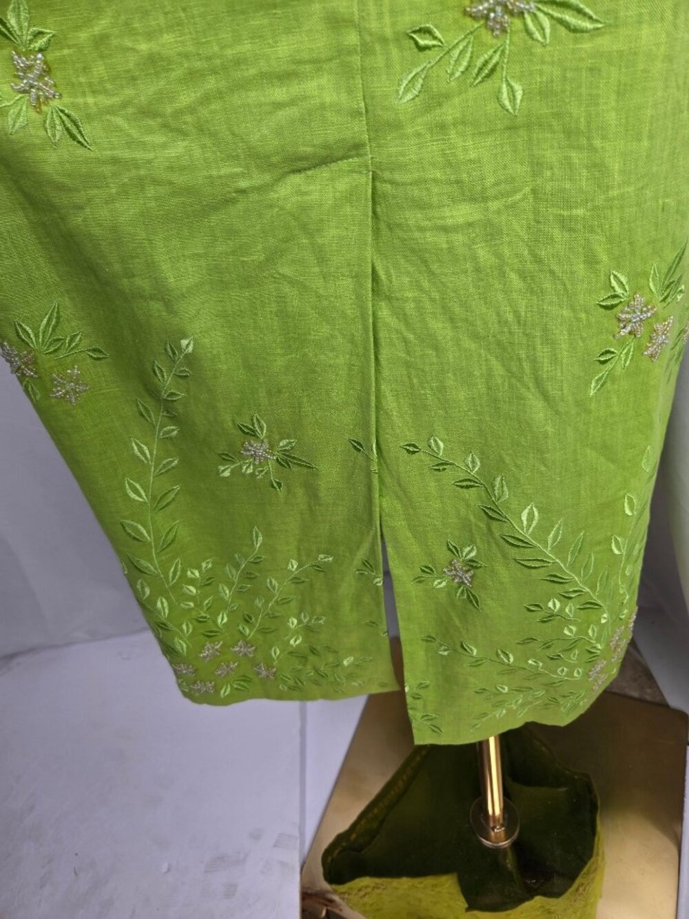 Vintage Lime Green Linen Skirt Sz 14 Floral Embroidery Maxi Coastal Boho Summer - Picture 5 of 13